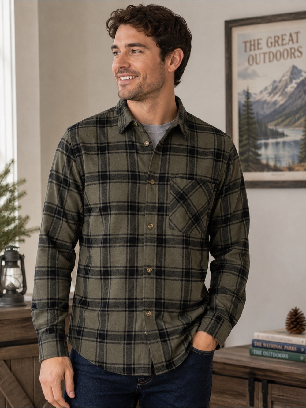 Northeast Outfitters Men’s Plaid Flannel Shirt Olive Green Black Size Small